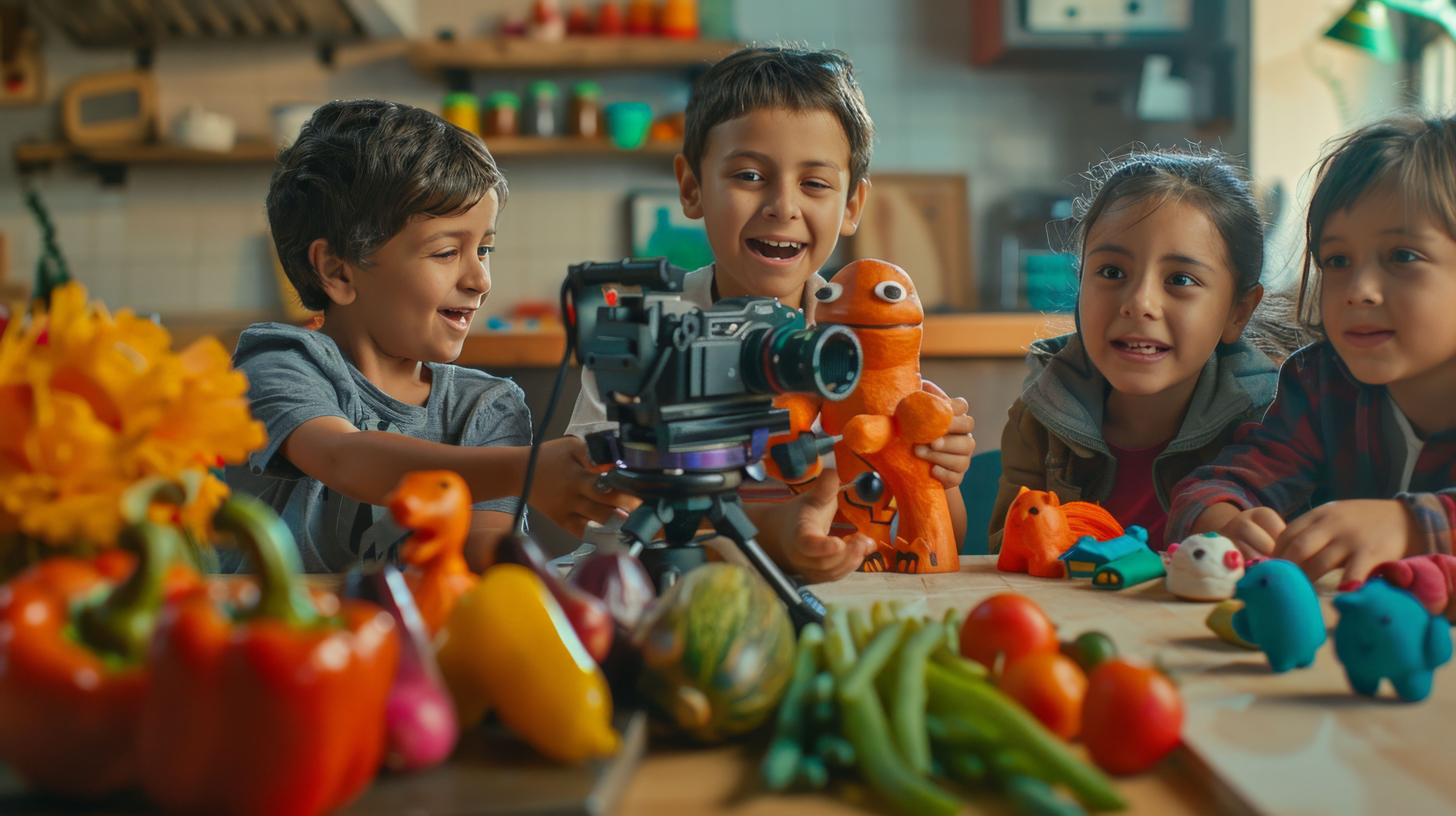 group giggling latinx children film stopmotion animation kitchen table using colorful clay figures vegetables as props playful collaborative